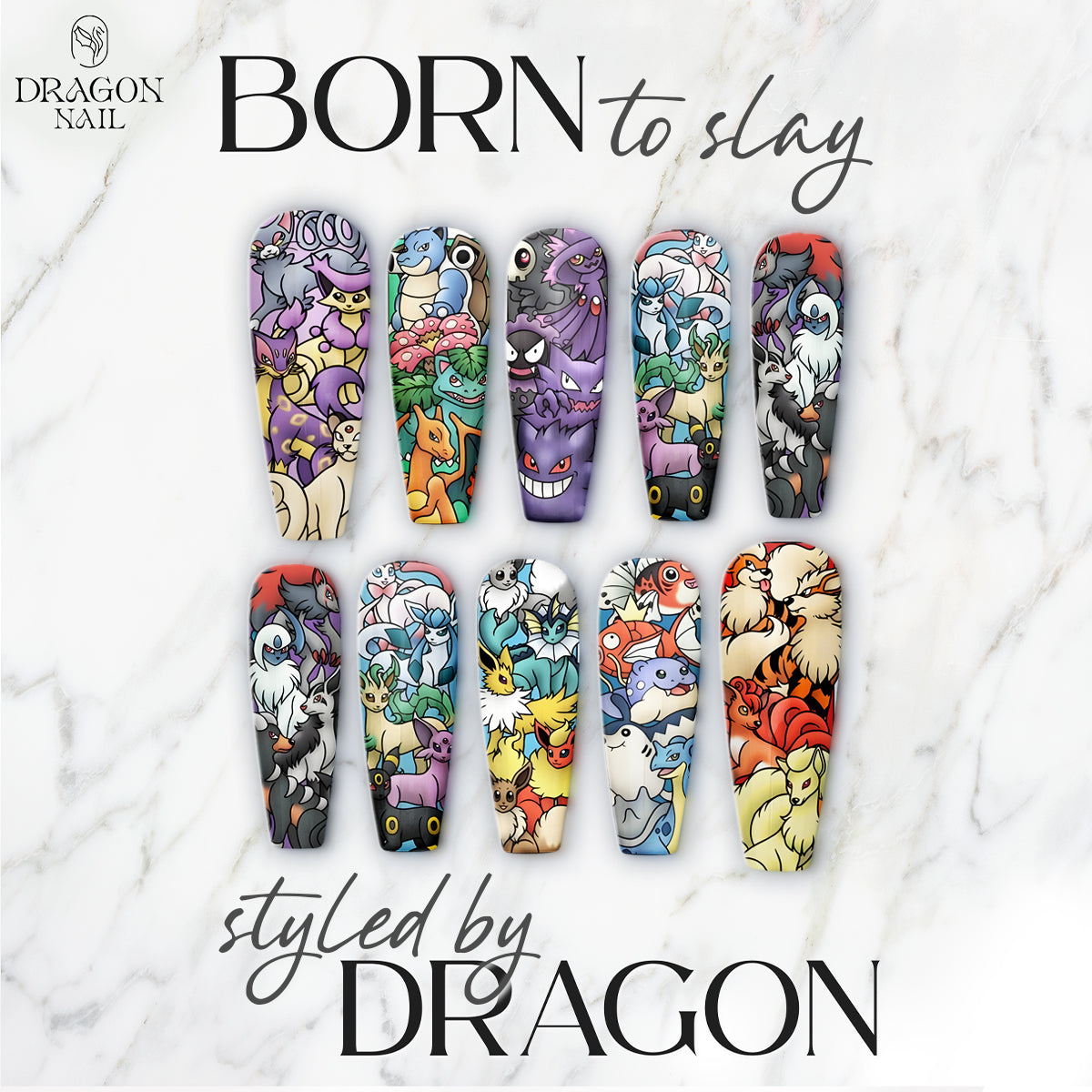 Pokémon Group Nails – Charizard, Gengar &amp; Arcanine Press-On Nail Set, Colorful Anime Art Design | Dragonnail