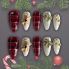 Teddy Bear &amp; Plaid Christmas Press-On Nails, Red and White Holiday Nail Set with 3D Bows, Pearls &amp; Gold Accents — Cute Winter Nails