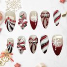 Candy Cane Christmas Press-On Nails, Red and White Glitter Holiday Nail Set with 3D Bows, Snowflakes, and Rhinestones