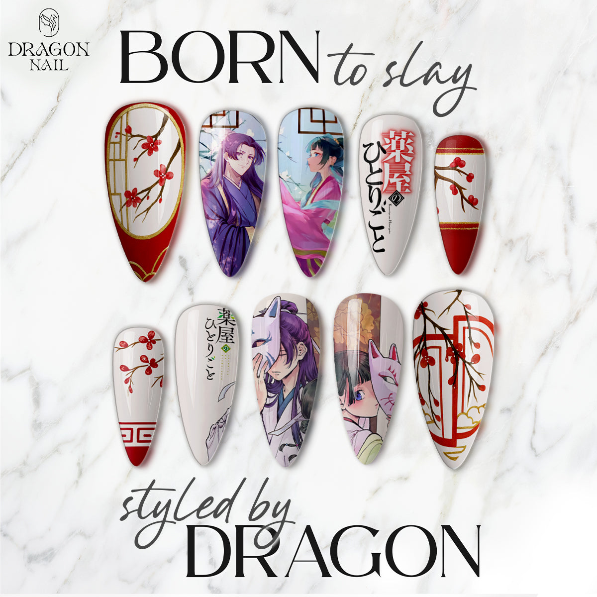 The Apothecary Diaries Nails – Maomao &amp; Jinshi Press-On Nail Set, Elegant Japanese Anime Design | Dragonnail