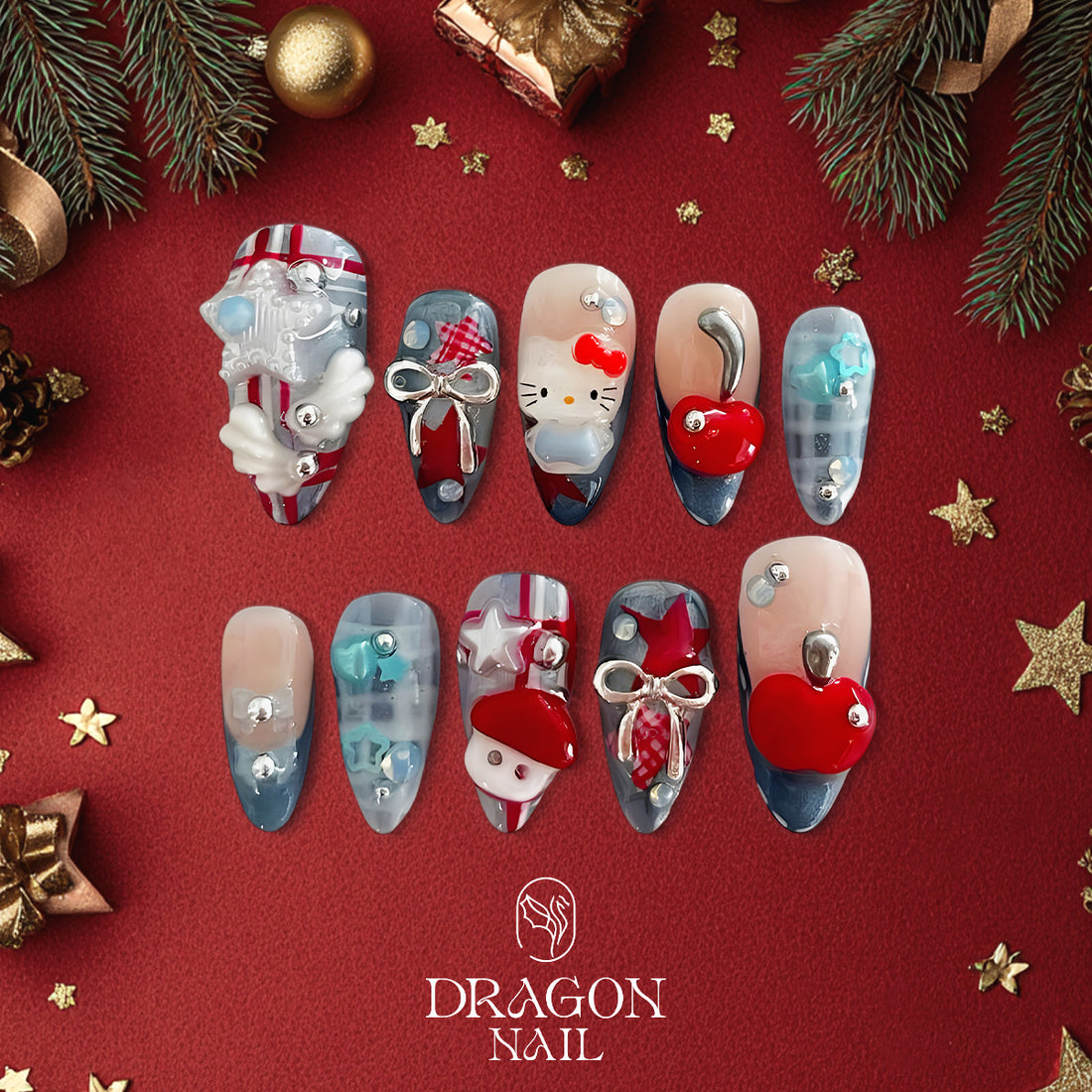 Hello Kitty &amp; My Melody 3D Cherry Nails, Reusable Press-On Set, Kawaii Plaid Winter Look, Limited Edition