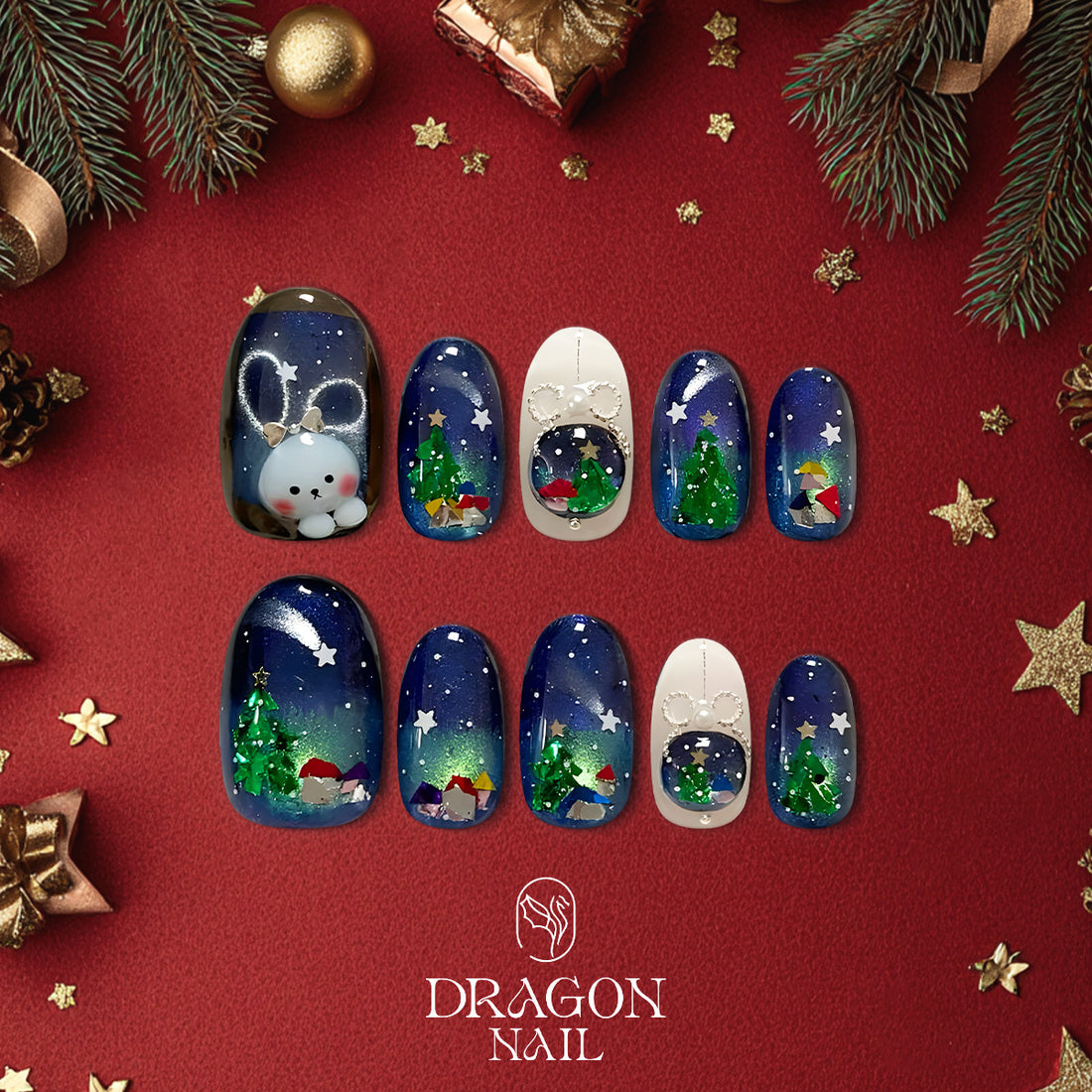 Winter Night Sky Nails, Reusable Press-On Set, Christmas Bunny Design, Limited Edition