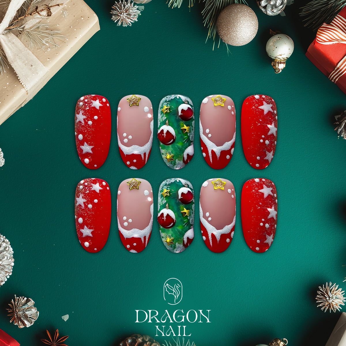 Red Christmas Tree Nails, Reusable Press-On Set, Festive Holiday Snow Look, Limited Edition