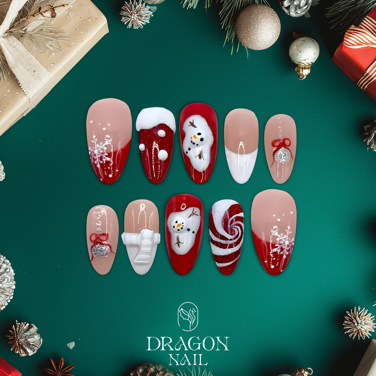 Red Snowman Christmas Nails, Reusable Press-On Set, Candy &amp; Snowflake Design, Limited Edition