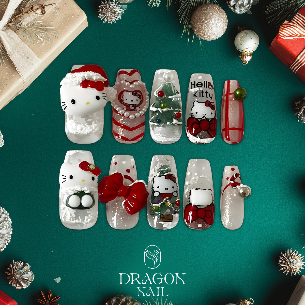Hello Kitty Christmas Nails, Reusable Press-On Set, 3D Bow &amp; Tree Design, Limited Edition