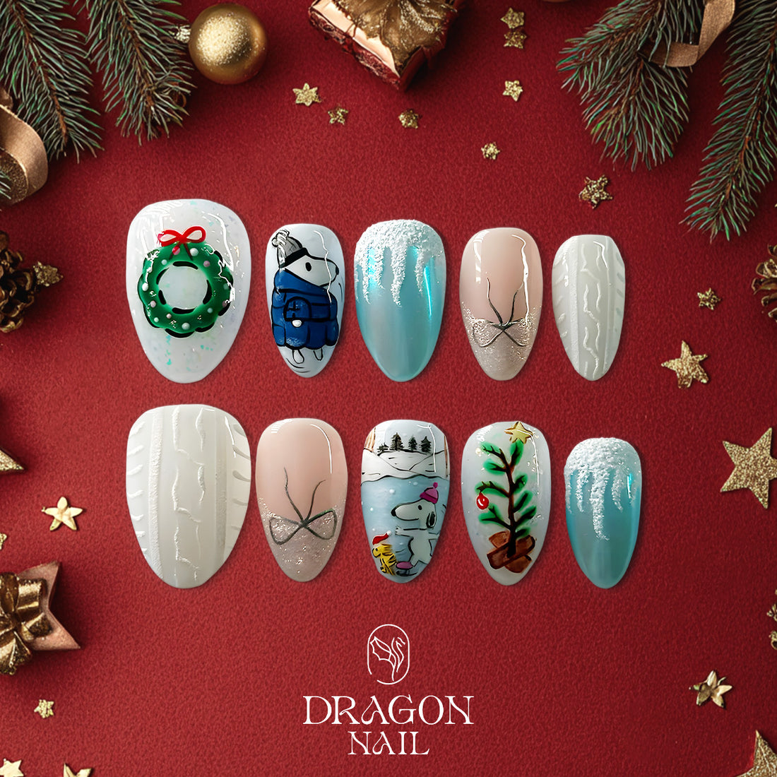 Snoopy Christmas Nails, Winter Wonderland Press-On Set, Blue &amp; White Holiday Design
