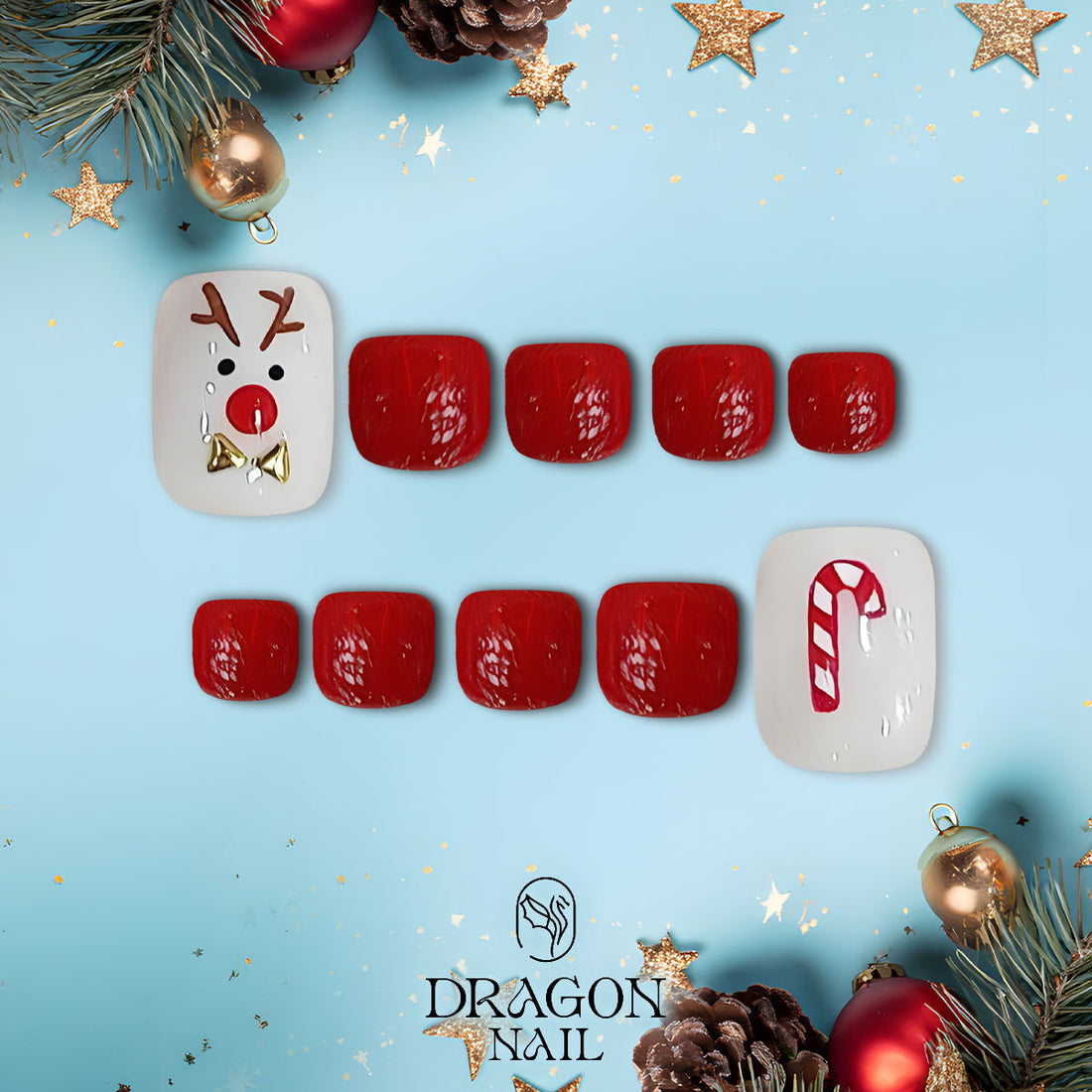 Christmas Pedicure Nails, Red &amp; White Reindeer Toe Nails, Candy Cane Holiday Design