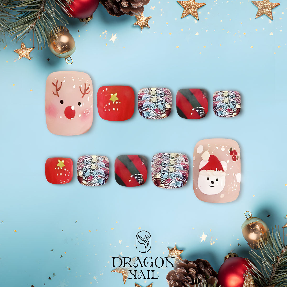 Christmas Pedicure Nails, Cute Reindeer &amp; Snow Bear Toe Nails, Festive Glitter Holiday Design