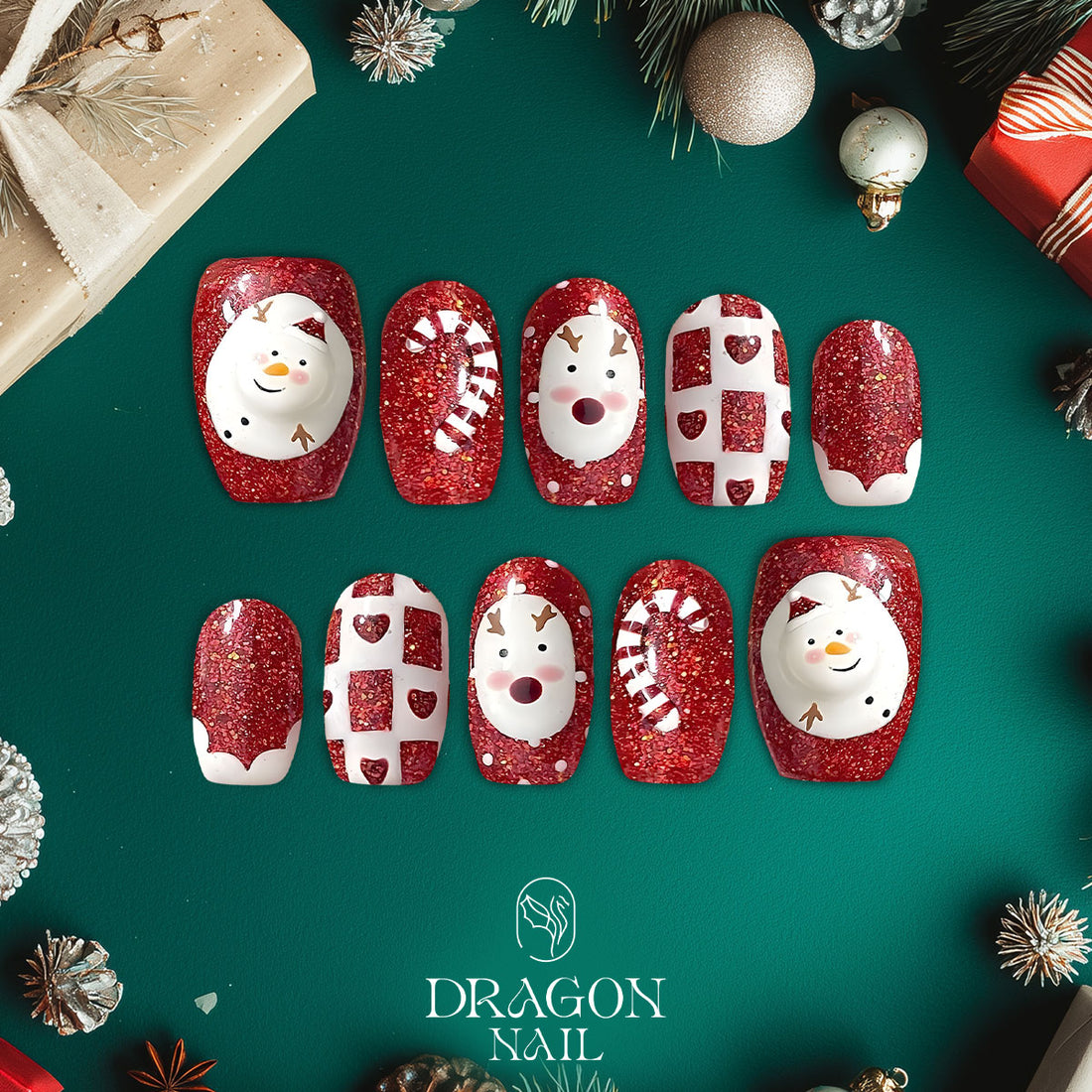 Red Christmas Nails, Glitter Press-On Set, Reindeer &amp; Snowman Design, Holiday Edition