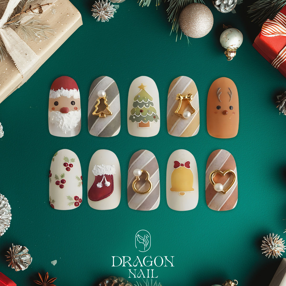 Vintage Christmas Nails, Santa &amp; Reindeer Press-On Set, Cozy Holiday Matte Style