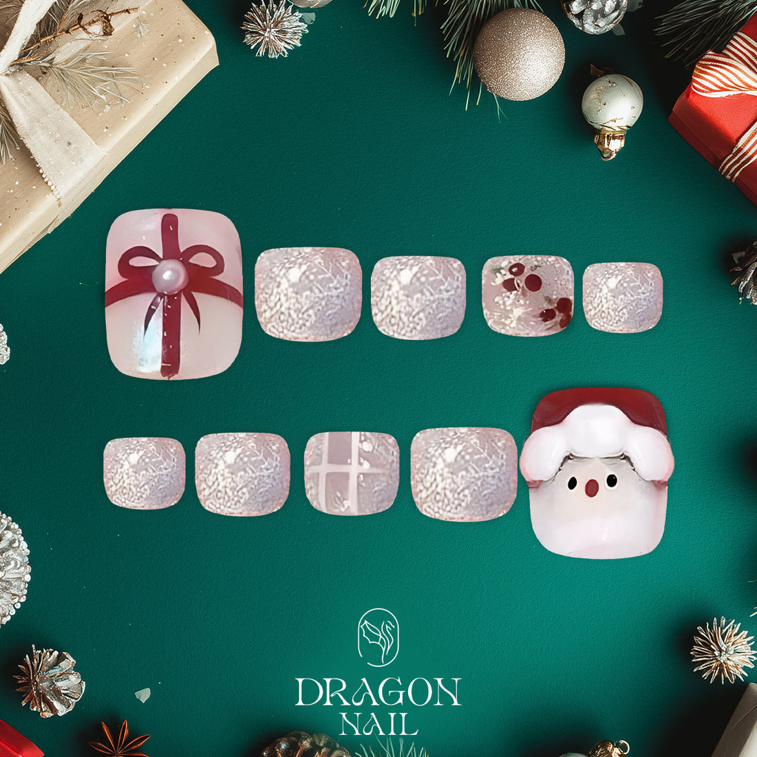 Christmas Pedicure Nails, Santa &amp; Gift Box Toe Nails, Silver Glitter Holiday Set