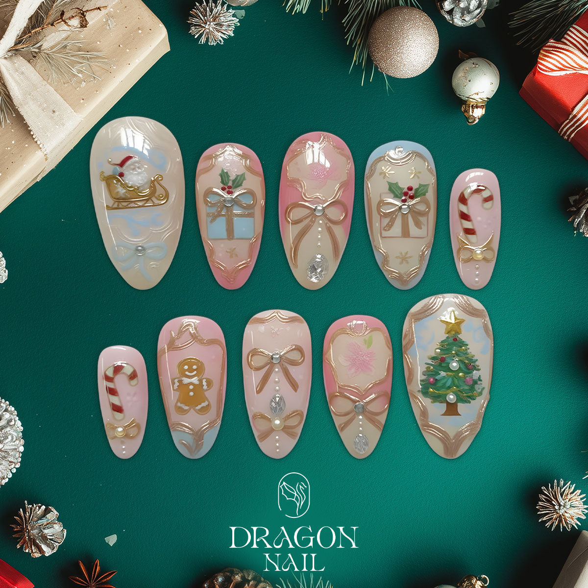 Pastel Christmas Nails, Vintage Holiday Press-On Set, Pink &amp; Gold Gift Box Design