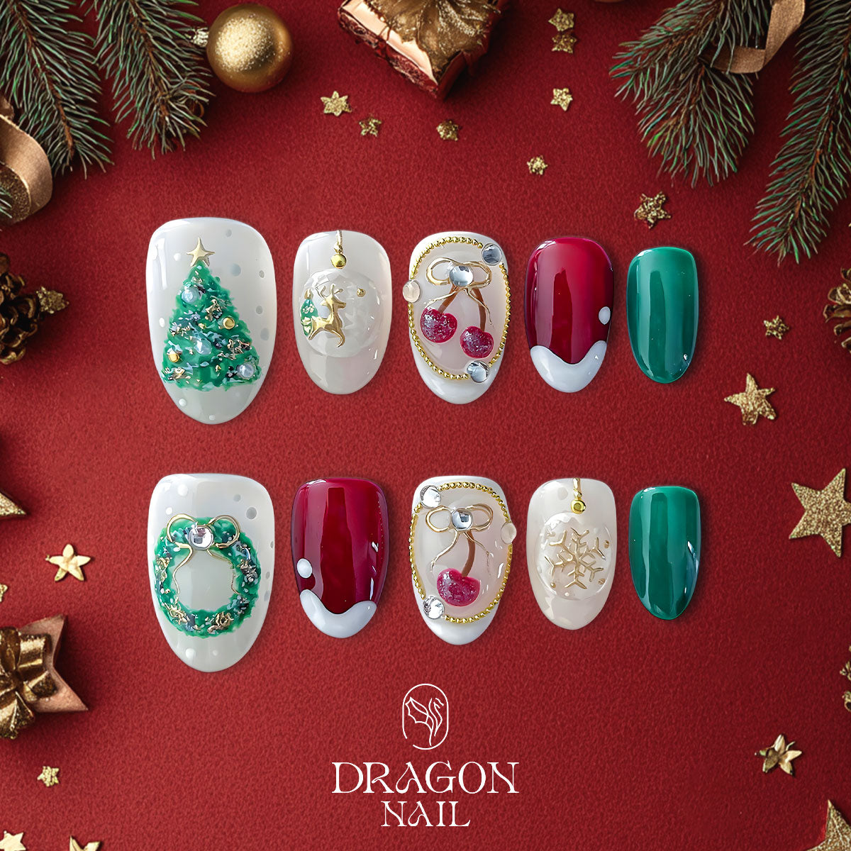 Classic Christmas Nails, Red Green &amp; White Press-On Set, 3D Tree &amp; Wreath Holiday Design