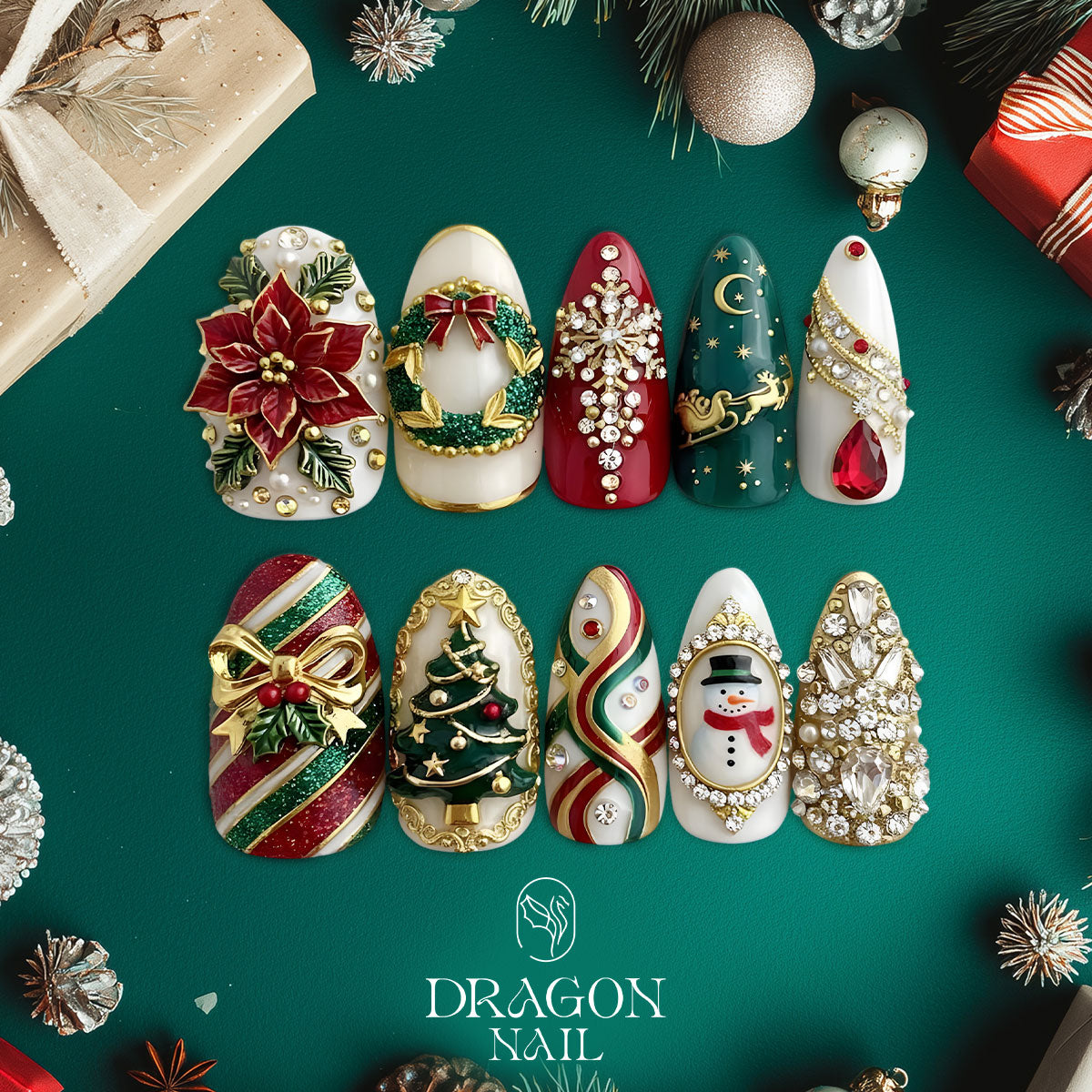 Luxury Christmas Nails, Red Green Gold Rhinestone Press-On Set, 3D Tree &amp; Snowman Design