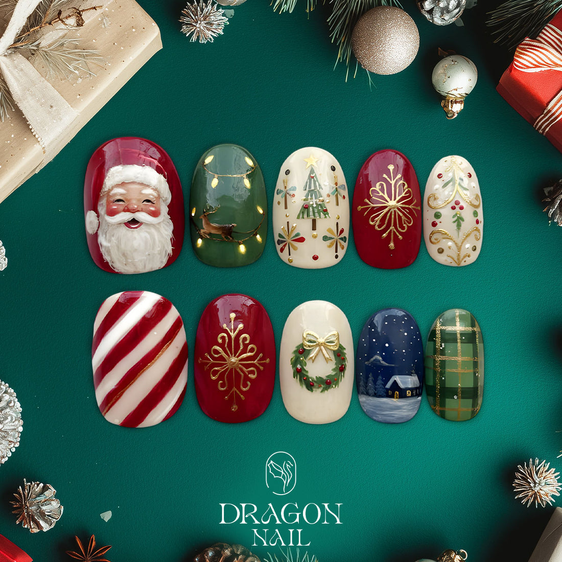 Classic Christmas Nails, Santa &amp; Reindeer Press-On Set, Red Green Holiday Design