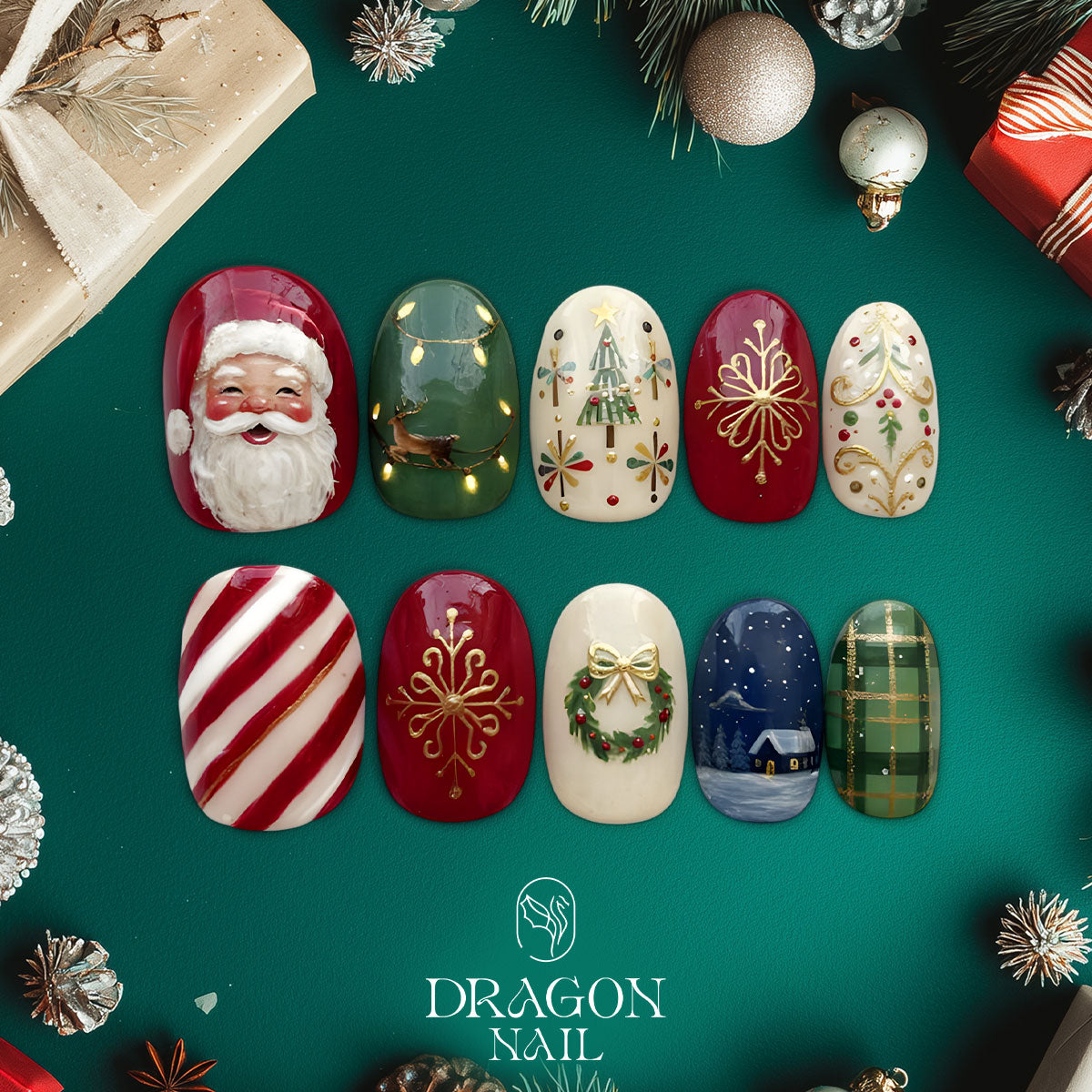 Classic Christmas Nails, Santa &amp; Reindeer Press-On Set, Red Green Holiday Design