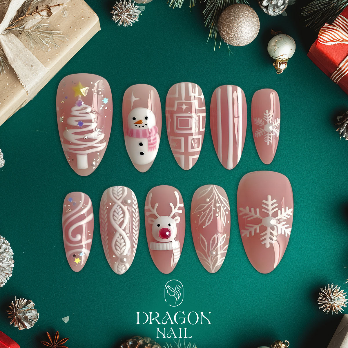 Pink Christmas Nails, Cute Reindeer &amp; Snowman Press-On Set, Winter Knit Design