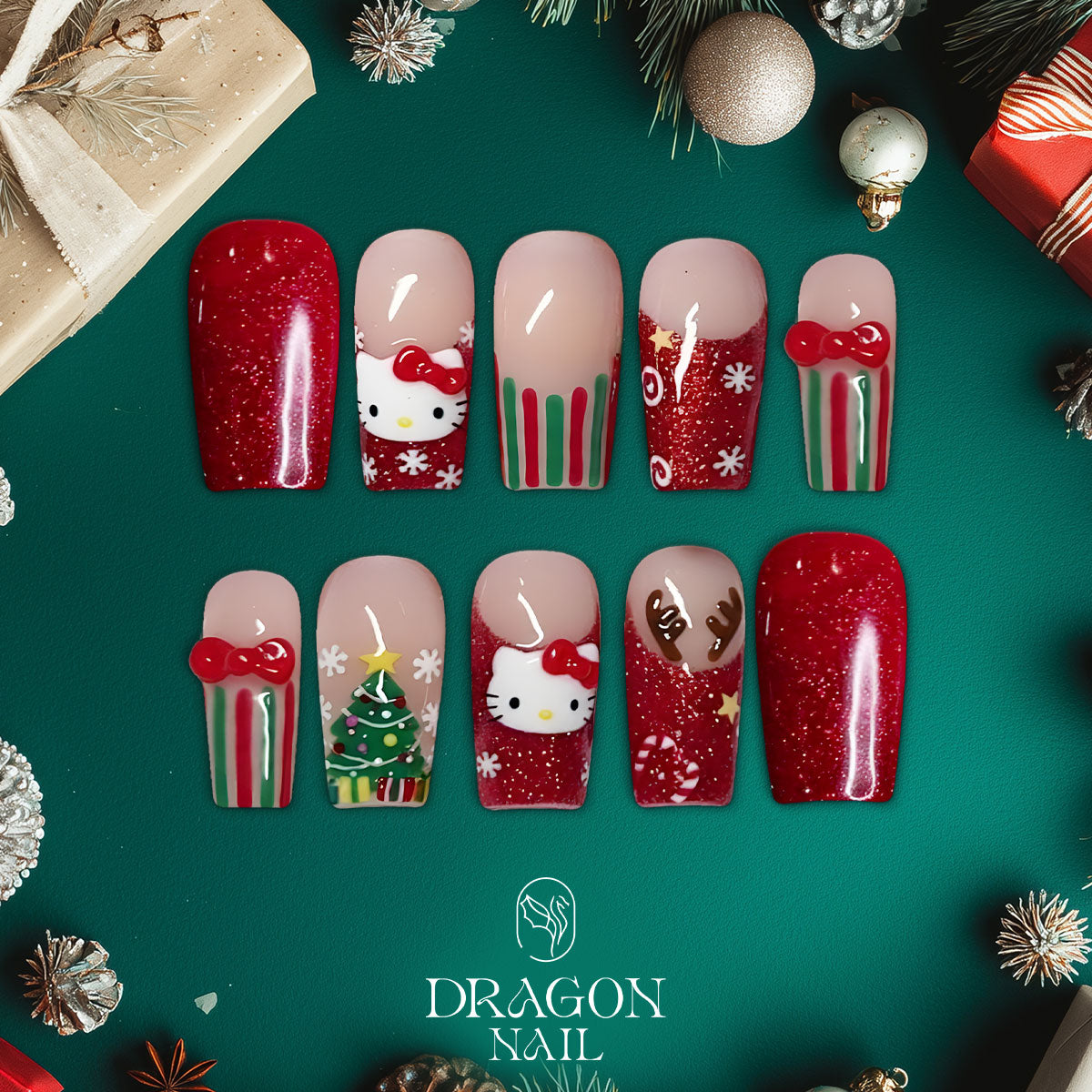 Hello Kitty Christmas Nails, Red Glitter Press-On Set, Cute Holiday Tree &amp; Reindeer Design