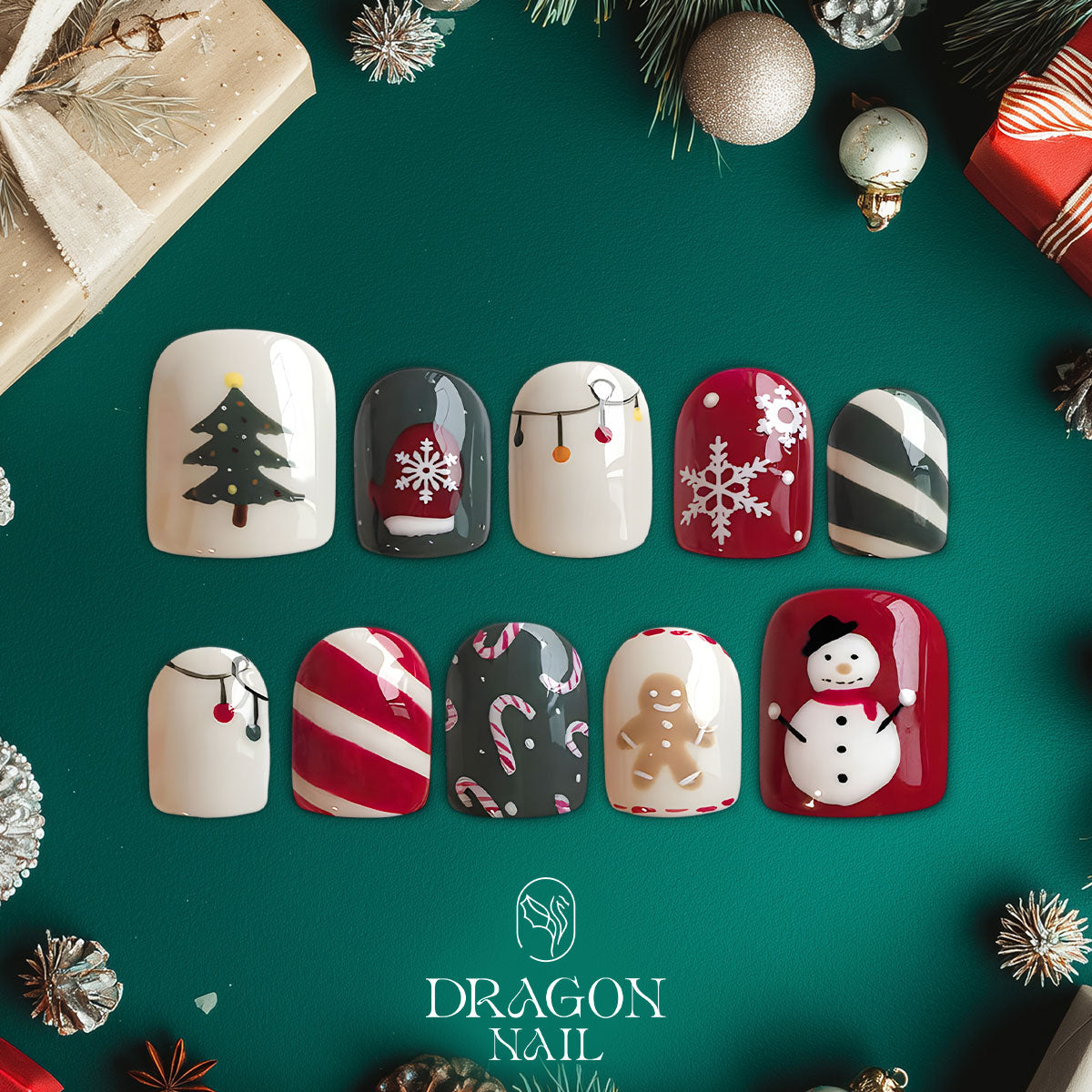 Gingerbread Christmas Nails, Red White Press-On Set, Cute Snowman &amp; Candy Cane Design