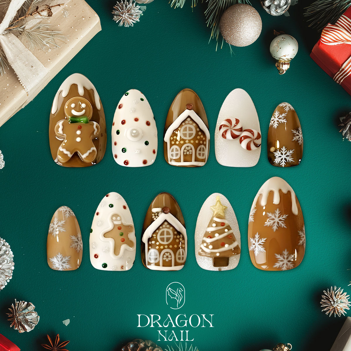 Gingerbread House Christmas Nails, Brown Press-On Set, Cookie &amp; Snowflake Design