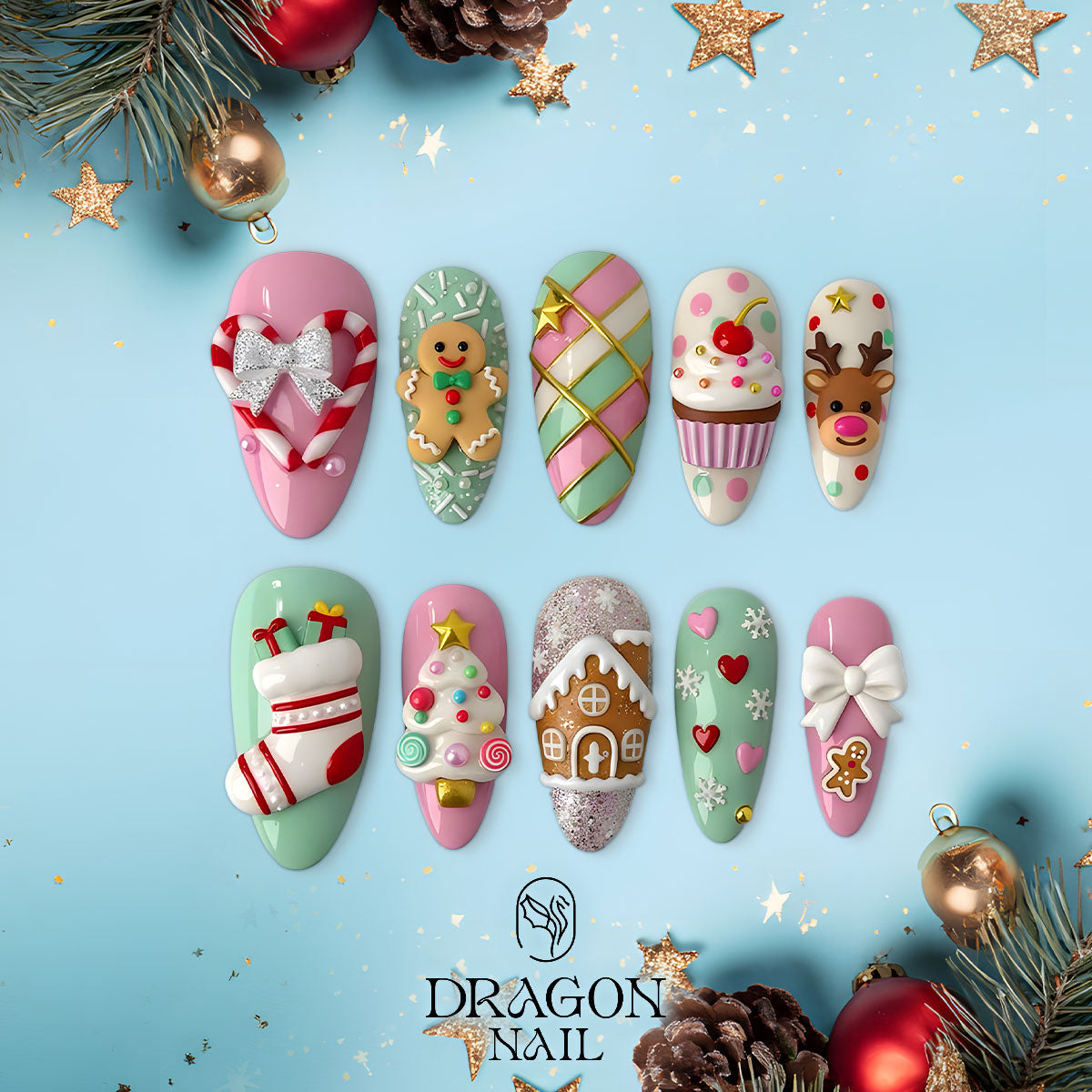Pastel Christmas Nails, Candyland Press-On Set, Cute Gingerbread &amp; Reindeer Design