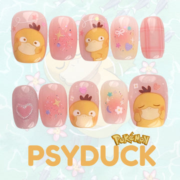 Pokémon Psyduck Nails – Pink Pastel Press-On Nail Set, Cute Kawaii Anime Design | Dragonnail