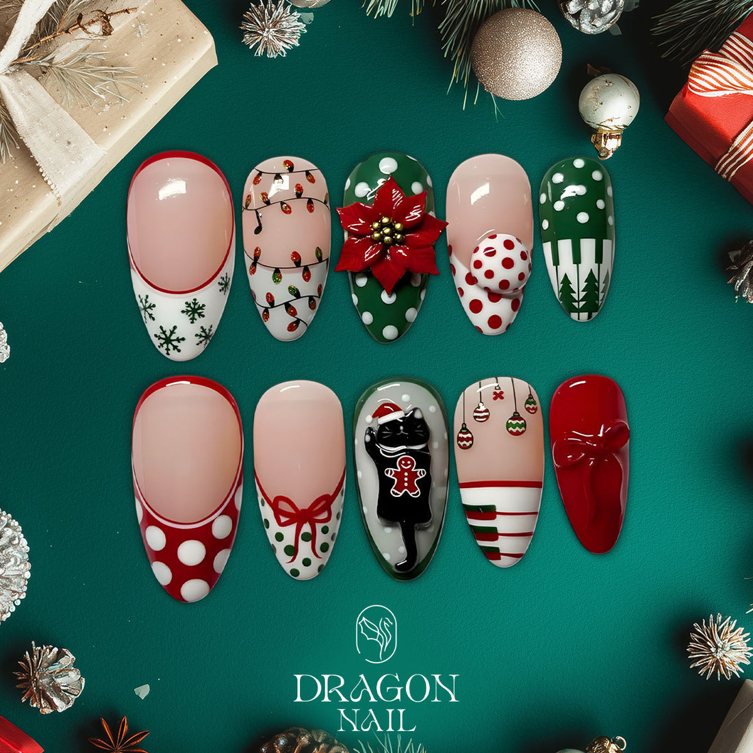 Classic Christmas Nails, Red Green Press-On Set, Poinsettia &amp; Cat Design