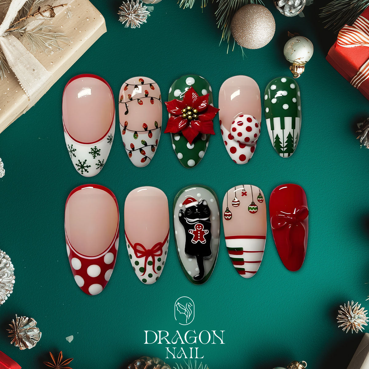 Classic Christmas Nails, Red Green Press-On Set, Poinsettia &amp; Cat Design
