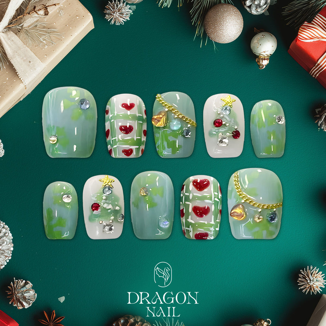 Emerald Green Christmas Nails, Plaid Press-On Set, Heart &amp; Tree Design