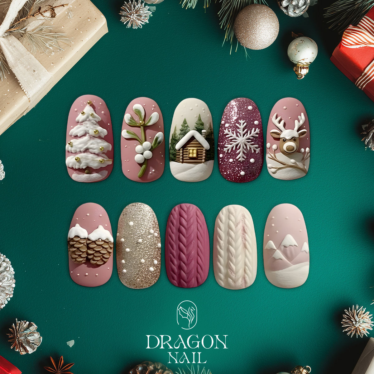 Cozy Winter Cabin Nails, 3D Knitted Christmas Press-On Set, Snow &amp; Reindeer Design