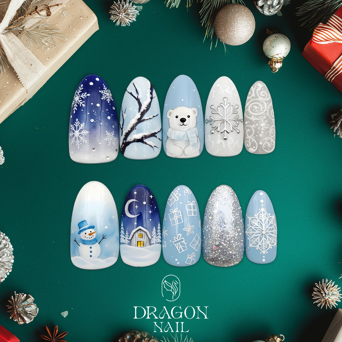 Frosty Wonderland Nails, Blue Silver Christmas Press-On Set, Polar Bear &amp; Snowflake Design