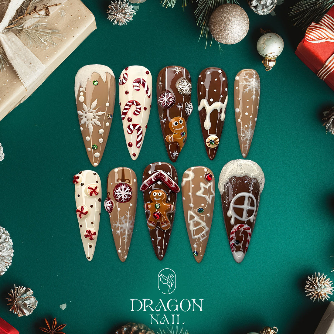 Gingerbread House Nails, Brown Christmas Press-On Set, Candy Cane &amp; Snowflake Design