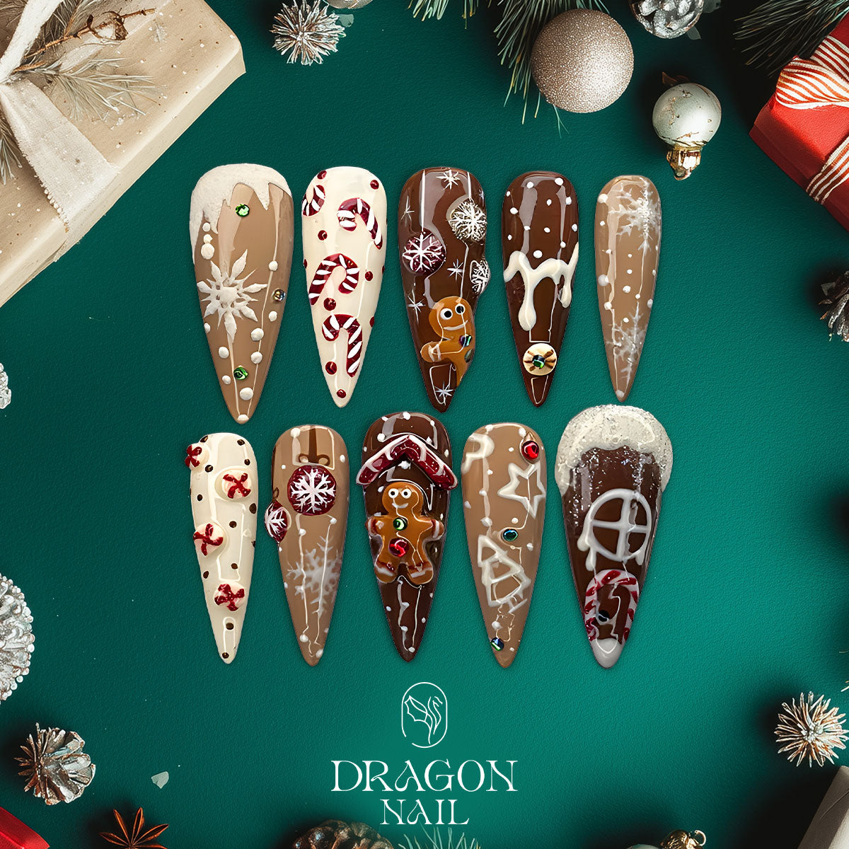 Gingerbread House Nails, Brown Christmas Press-On Set, Candy Cane &amp; Snowflake Design