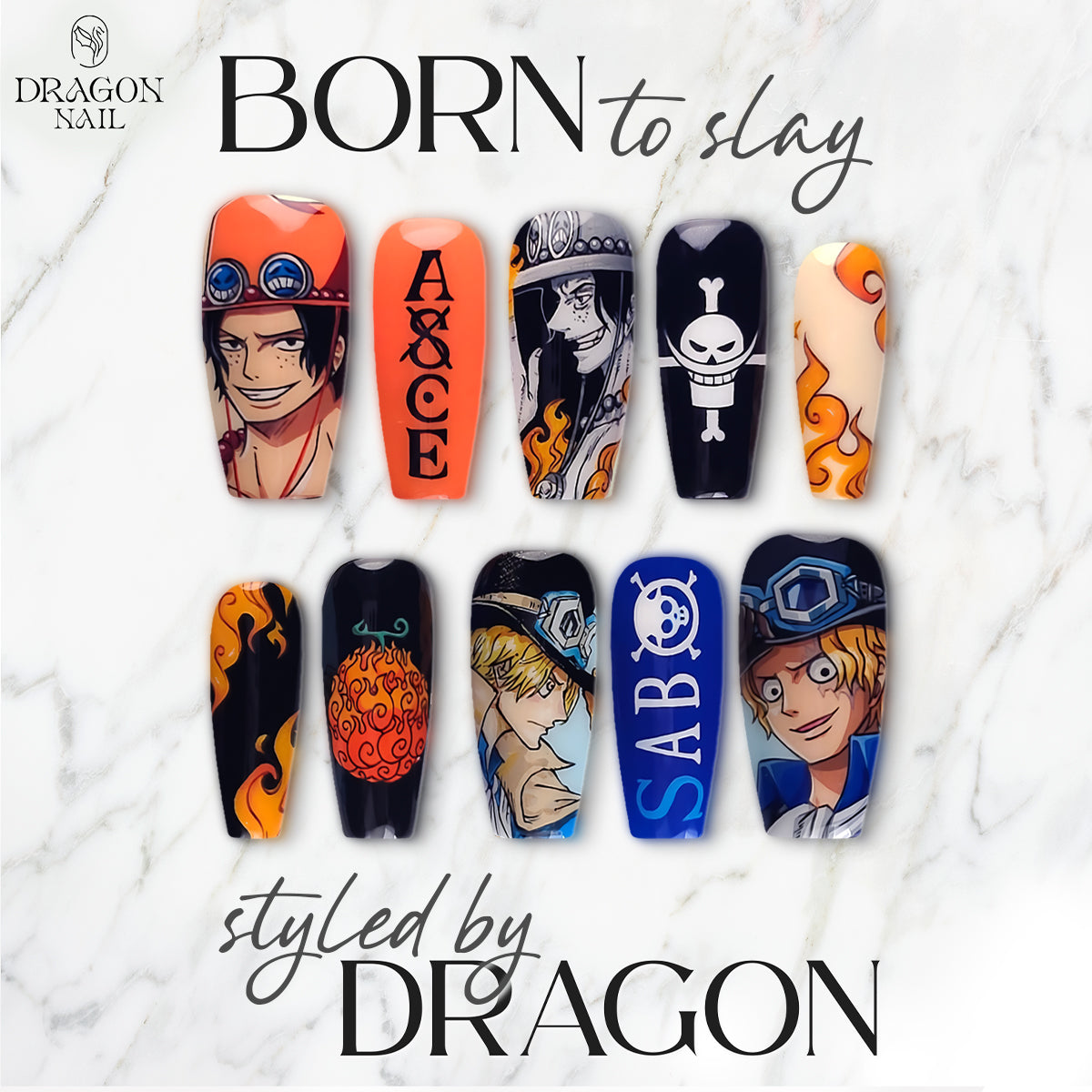 One Piece Nails – Ace &amp; Sabo Press-On Nail Set, Fire Fist Brothers Anime Design | Dragonnail