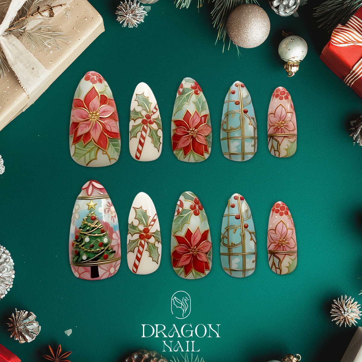 Vintage Christmas Nails, Poinsettia &amp; Holly Press-On Set, Classic Holiday Design