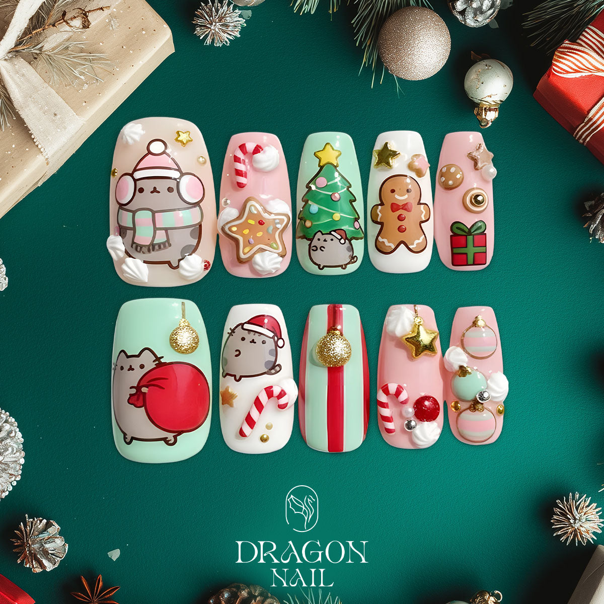 Pusheen Christmas Nails, Cute Pastel Holiday Press-On Set, Kawaii Candy Cane Design