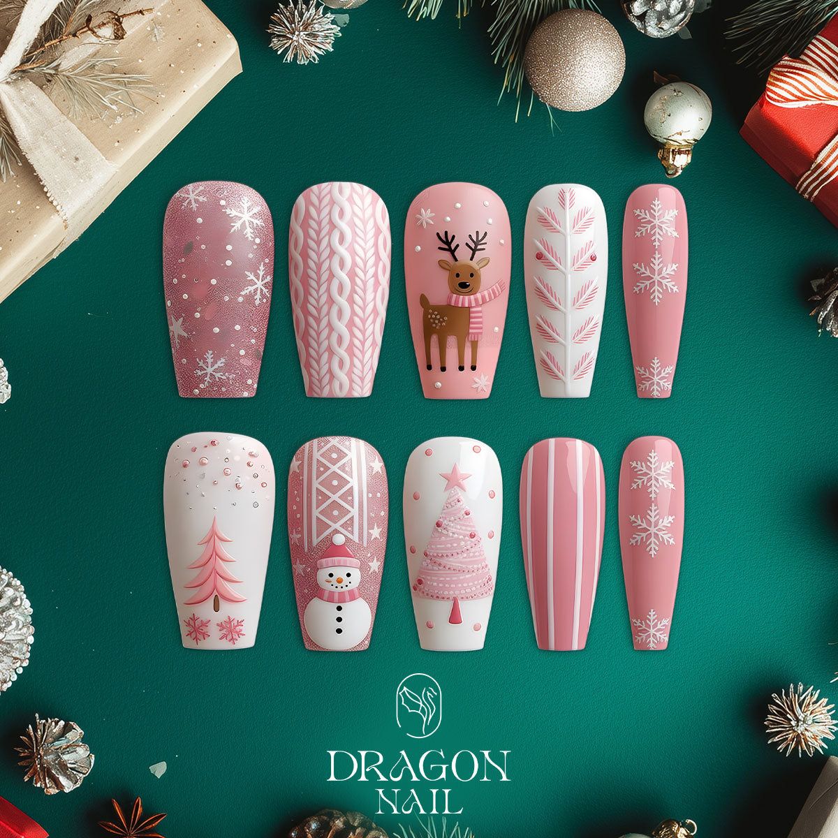 Pink Christmas Nails, Cute Winter Press-On Set, Snowflake &amp; Reindeer Design