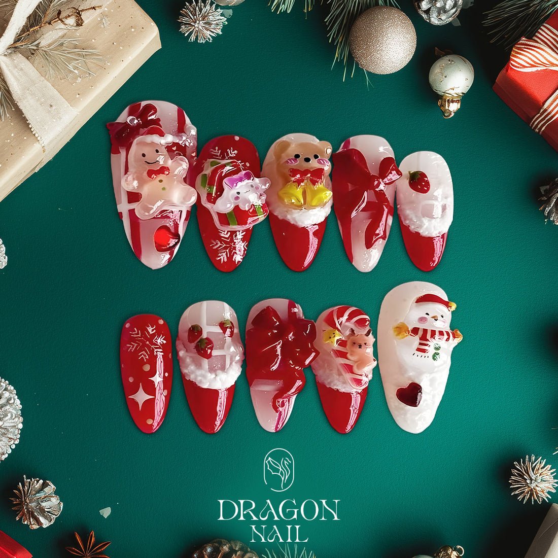 3D Red Christmas Nails, Cute Candy Press-On Set, Bear &amp; Gingerbread Design