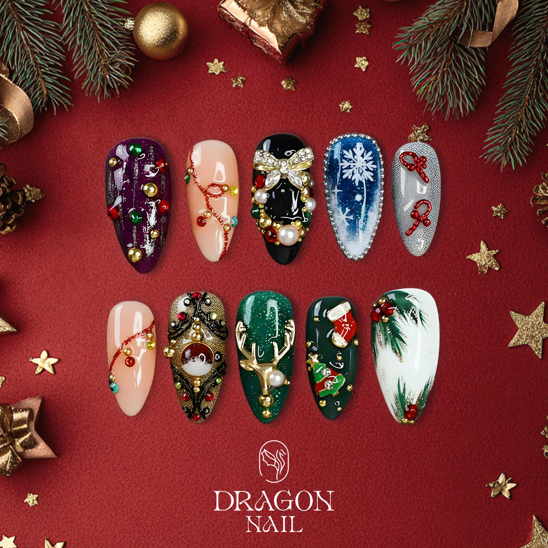 Luxury Christmas Nails, Emerald Green Press-On Set, Reindeer &amp; Snowflake Design