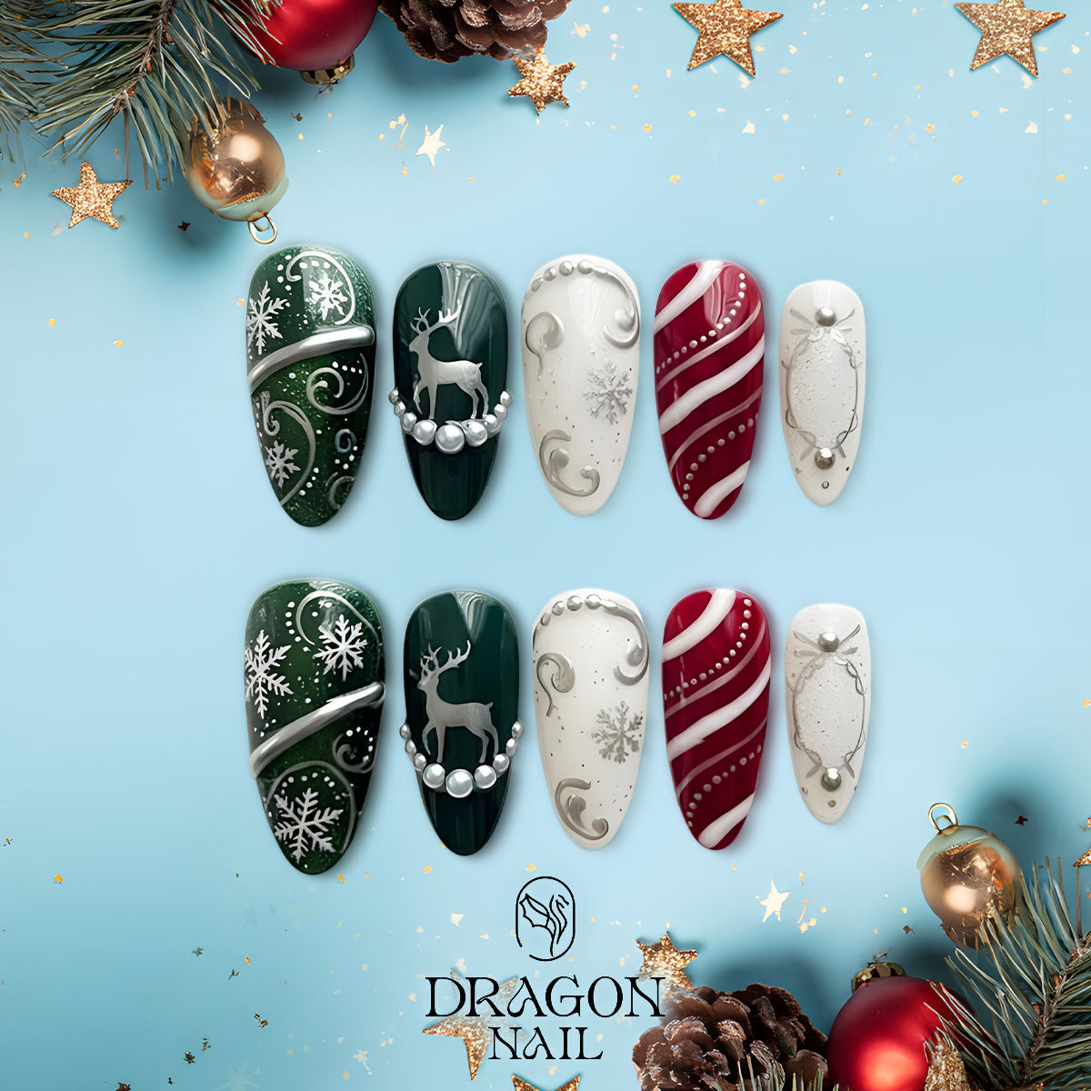 Reindeer Christmas Nails, Green &amp; Red Press-On Set, Snowflake Candy Cane Design