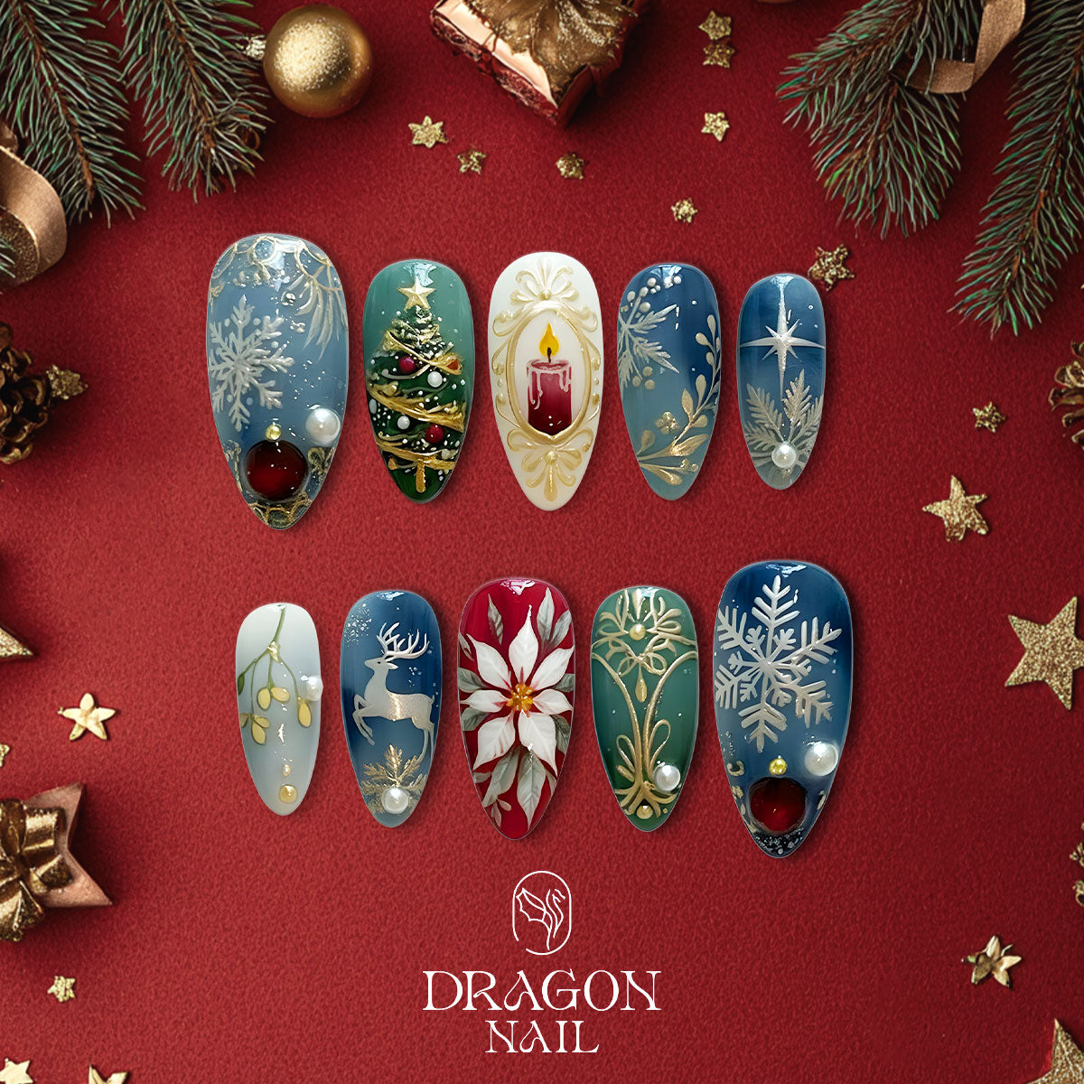 Vintage Christmas Nails, Elegant Press-On Set, Candle &amp; Reindeer Design