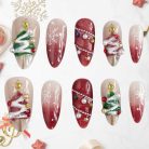 Christmas Tree Pearl Press-On Nails, Red Ombre Glitter Holiday Nail Set with 3D Snowflakes, String Lights &amp; Festive Decorations