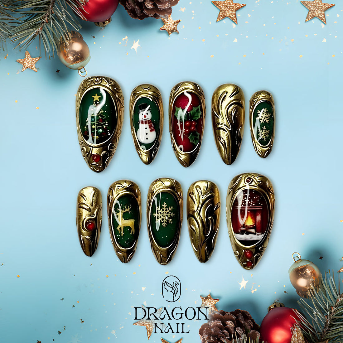 Victorian Christmas Nails, Gold Frame Press-On Set, Luxury Holiday Design