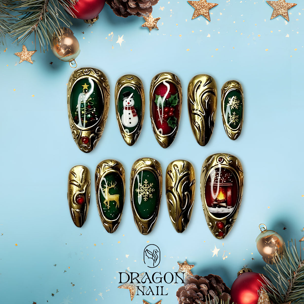 Victorian Christmas Nails, Gold Frame Press-On Set, Luxury Holiday Design