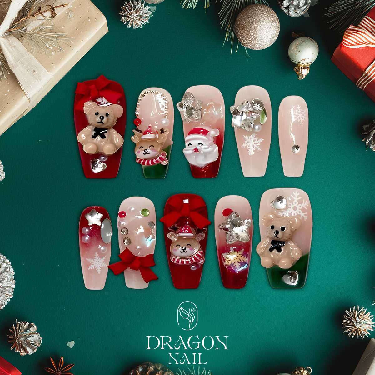 Cute Teddy Christmas Nails, 3D Bear &amp; Santa Press-On Set, Kawaii Holiday Design