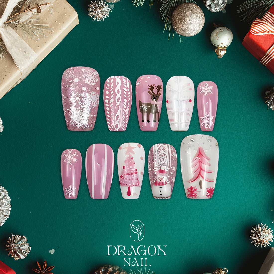 Pink Cozy Christmas Nails, Reindeer &amp; Snowflake Press-On Set, Soft Winter Design