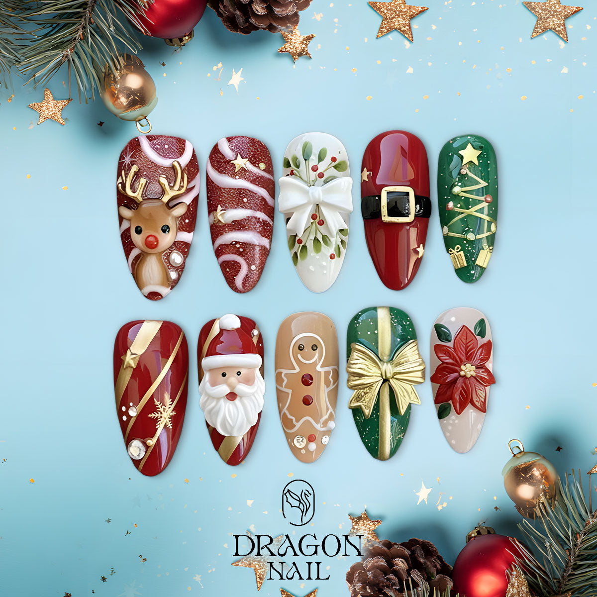 Classic Christmas Nails, 3D Santa &amp; Reindeer Press-On Set, Festive Holiday Design