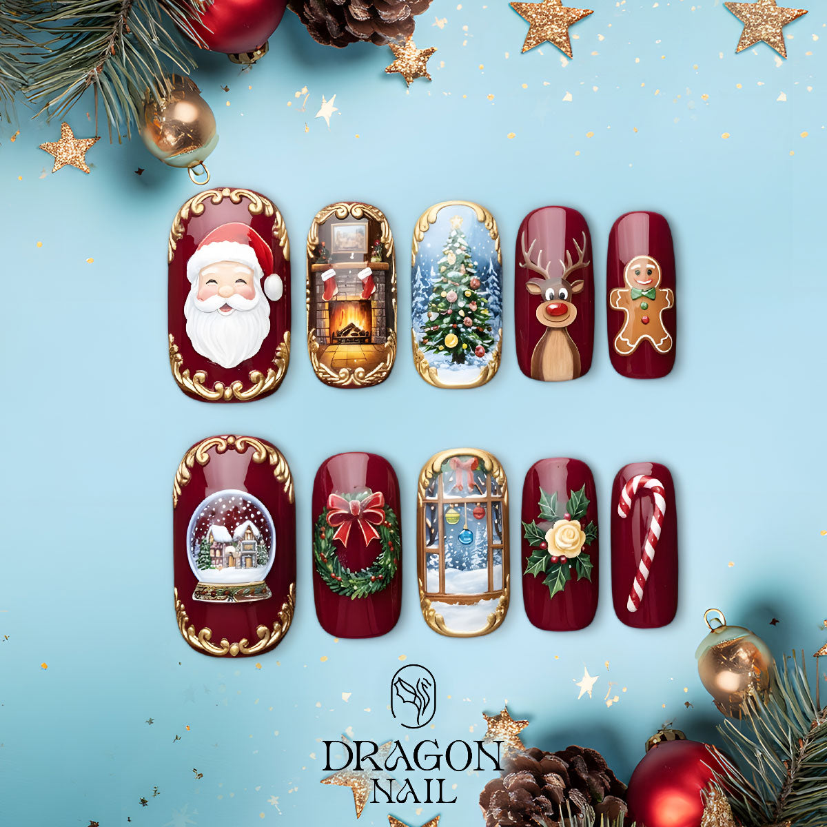 Vintage Christmas Nails, Santa &amp; Fireplace 3D Press-On Set, Elegant Holiday Design