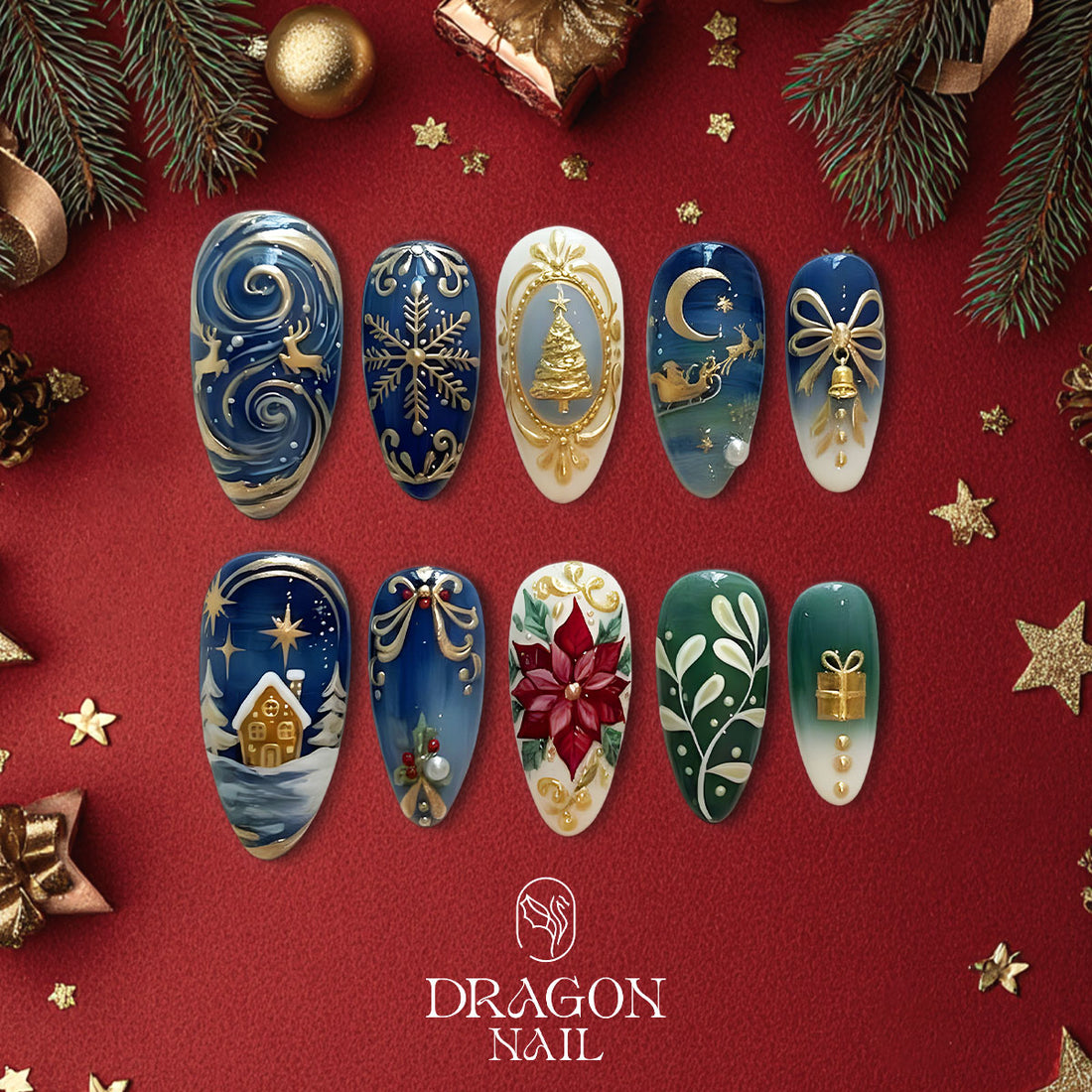 Midnight Blue Christmas Nails, Gold Star &amp; Reindeer Press-On Set, Elegant Winter Design