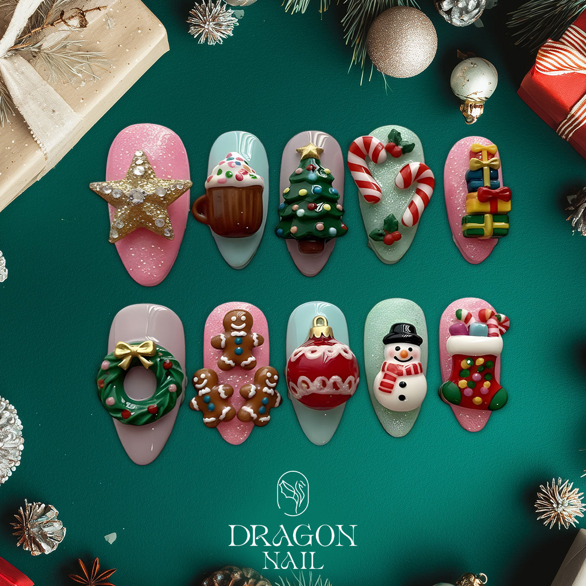 Cute 3D Christmas Nails, Candy Cane &amp; Gingerbread Press-On Set, Sweet Holiday Design